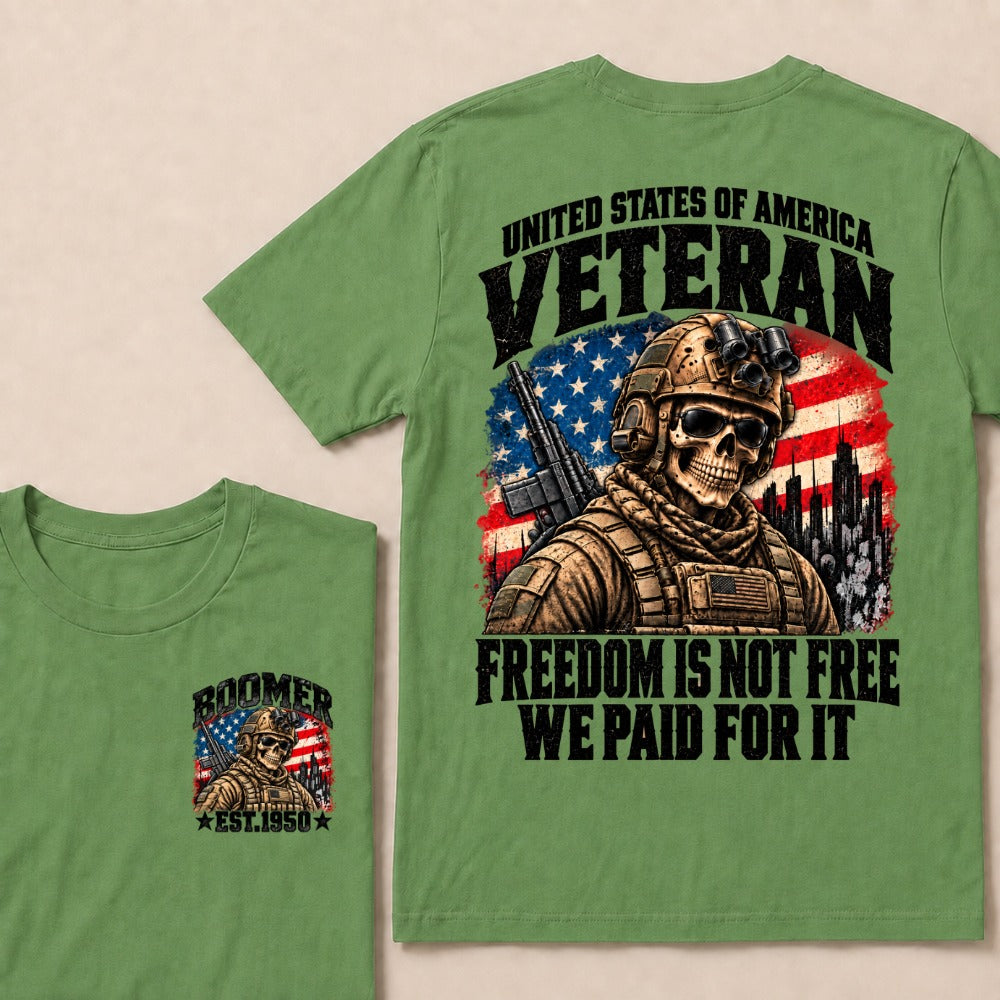 Boomer Est.Year United States Of America Veteran Freedom Is Not Free We Paid For It Tactical Skull American Flag T-Shirt