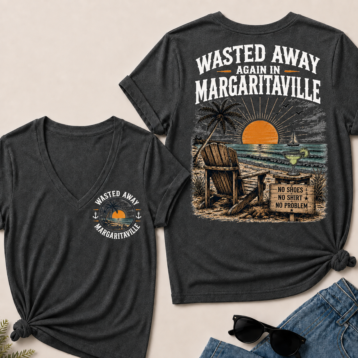 "Wasted Away Again In Margaritaville" Vintage Beach V-Neck T-Shirt