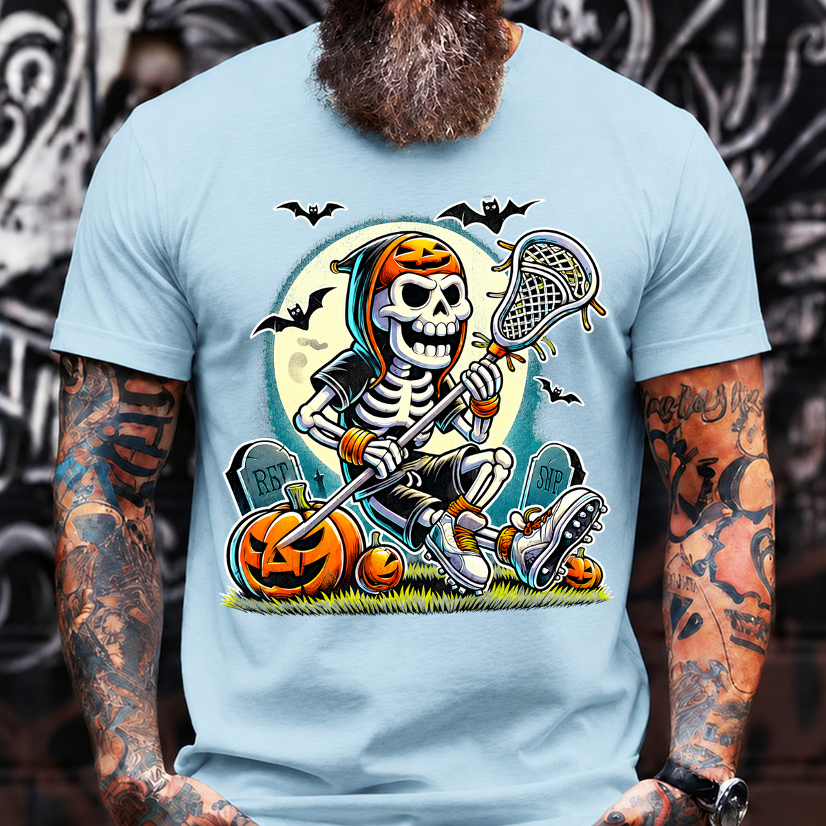 Halloween Skeleton Lacrosse Tee – Spooky Pumpkin Skull