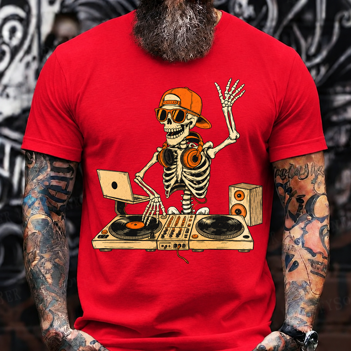 Halloween Skeleton DJ T-Shirt – Hip Hop Skull with Turntables