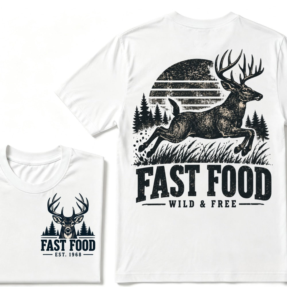 Fast Food Wild & Free Deer Hunting T-Shirt EST.Year Vintage Buck Hunter Forest Graphic Tee