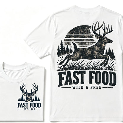 Fast Food Wild & Free Deer Hunting T-Shirt EST.Year Vintage Buck Hunter Forest Graphic Tee