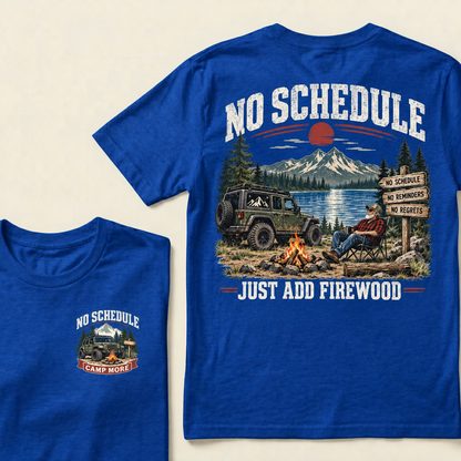 Men’s Crew Neck T‑Shirt, No Schedule Just Add Firewood Jeep Camping Graphic Tee, Front & Back Print Outdoor Adventure Casual Short Sleeve Top