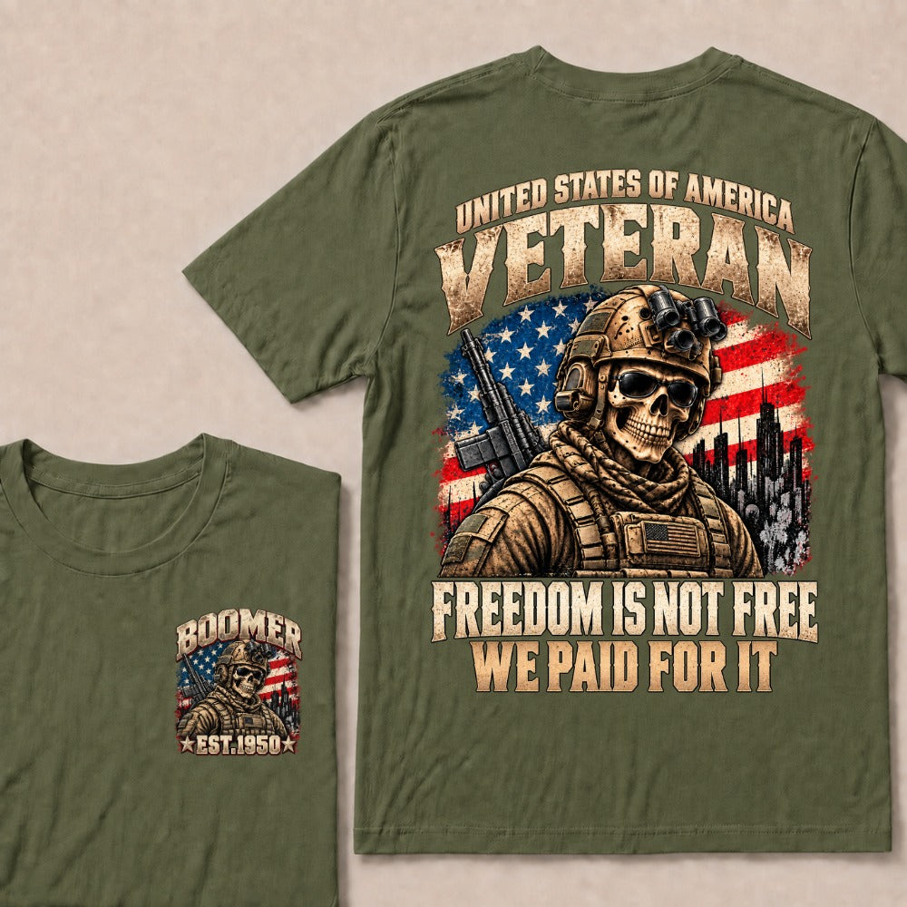 Boomer Est.Year United States Of America Veteran Freedom Is Not Free We Paid For It Tactical Skull American Flag T-Shirt