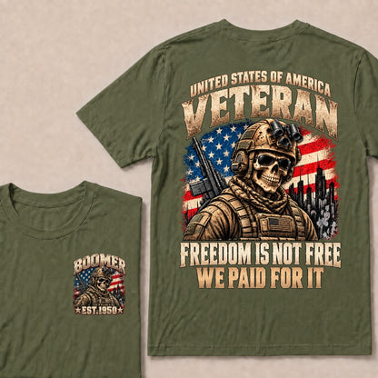 Boomer Est.Year United States Of America Veteran Freedom Is Not Free We Paid For It Tactical Skull American Flag T-Shirt