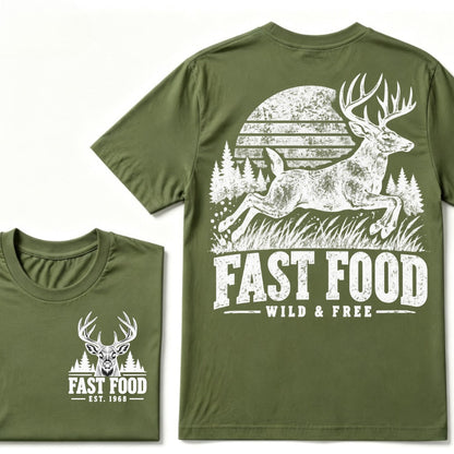 Fast Food Wild & Free Deer Hunting T-Shirt EST.Year Vintage Buck Hunter Forest Graphic Tee