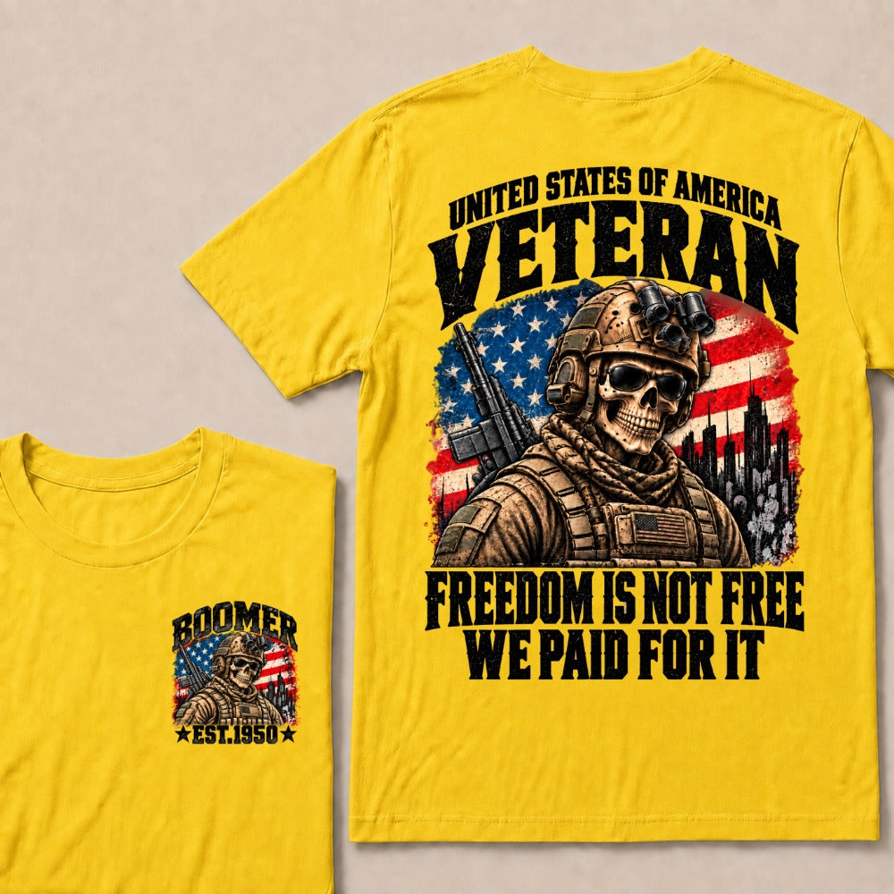 Boomer Est.Year United States Of America Veteran Freedom Is Not Free We Paid For It Tactical Skull American Flag T-Shirt