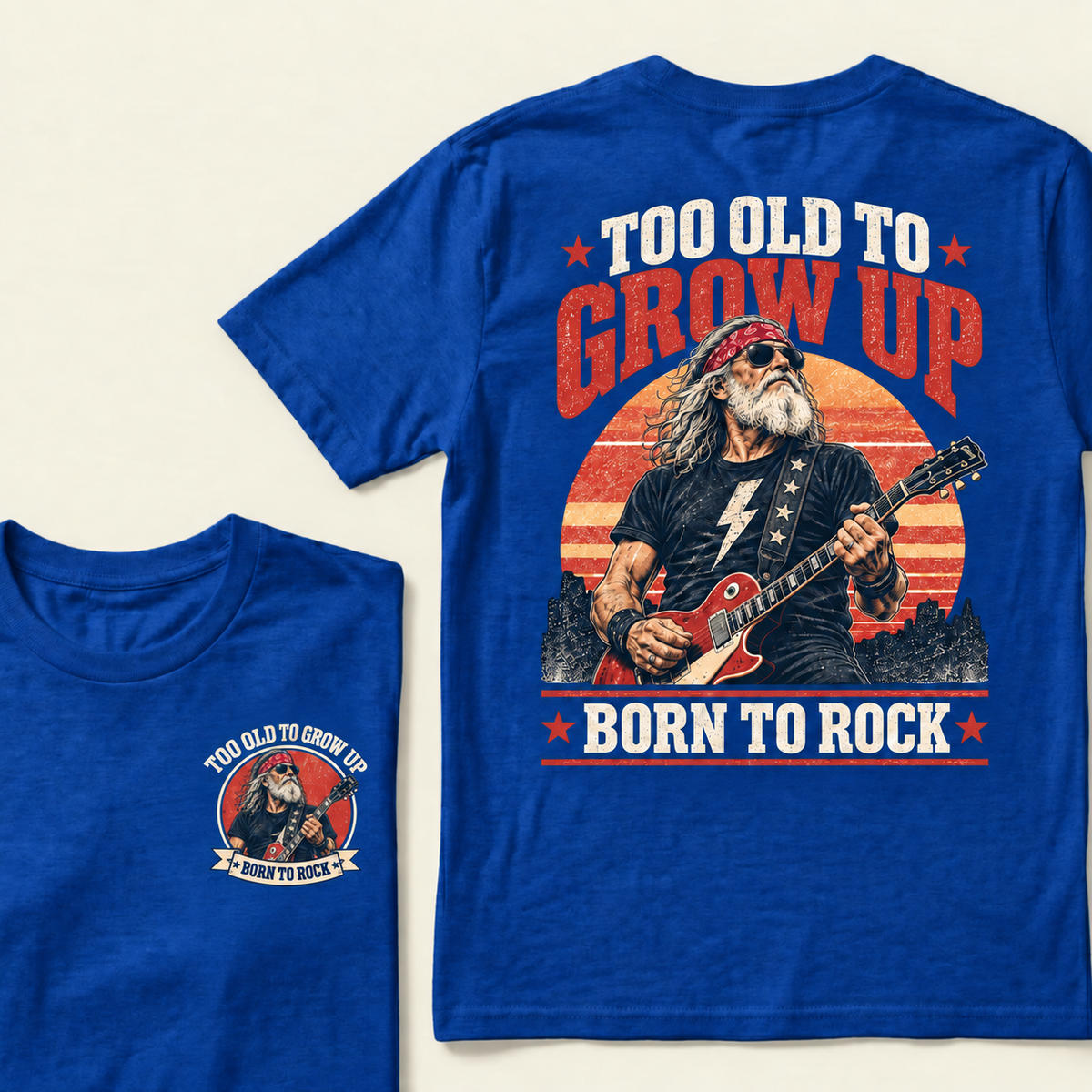 Men’s Crew Neck T‑Shirt, Too Old To Grow Up Born To Rock Guitarist Graphic Tee, Front & Back Print Retro Rock Casual Short Sleeve Top