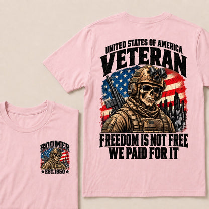 Boomer Est.Year United States Of America Veteran Freedom Is Not Free We Paid For It Tactical Skull American Flag T-Shirt