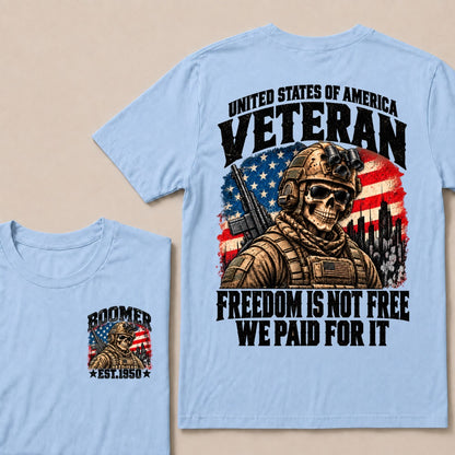 Boomer Est.Year United States Of America Veteran Freedom Is Not Free We Paid For It Tactical Skull American Flag T-Shirt