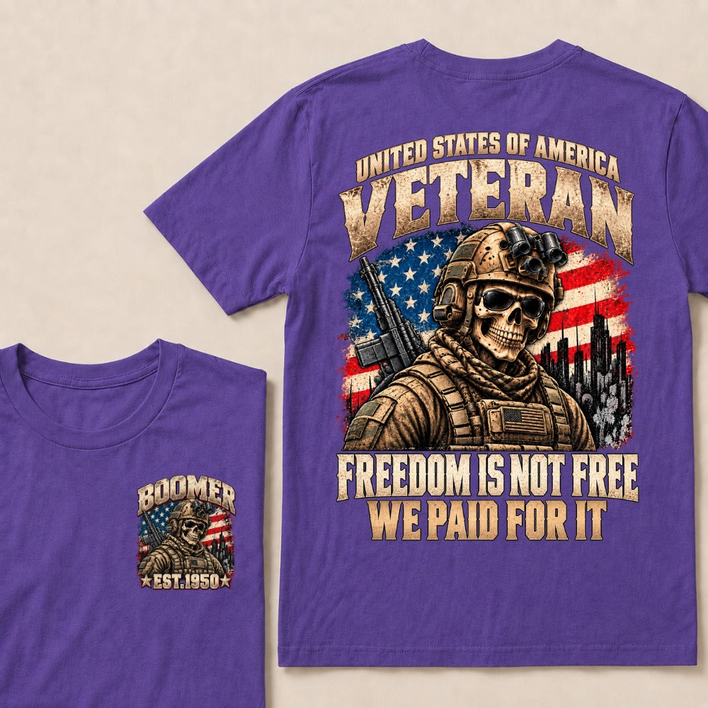 Boomer Est.Year United States Of America Veteran Freedom Is Not Free We Paid For It Tactical Skull American Flag T-Shirt