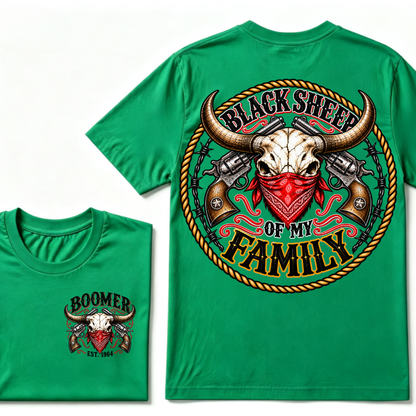 Boomer Est. Year “Black Sheep of My Family” Western Bull Skull Graphic T-Shirt