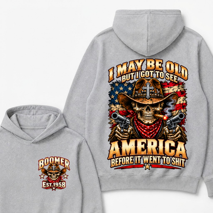 Boomer Est.Year I May Be Old But I Got To See America Cross Gun Cowboy Skull American Flag Hoodie
