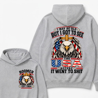 Boomer EST. Year – “I May Be Old But I Got to See the USA” Eagle Hoodie