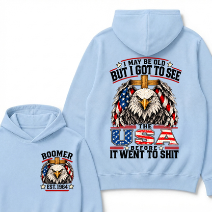 Boomer EST. Year – “I May Be Old But I Got to See the USA” Eagle Hoodie