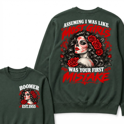 Boomer Est. Year Sugar Skull Rose Sweatshirt | Assuming I Was Like Most Girls Was Your First Mistake