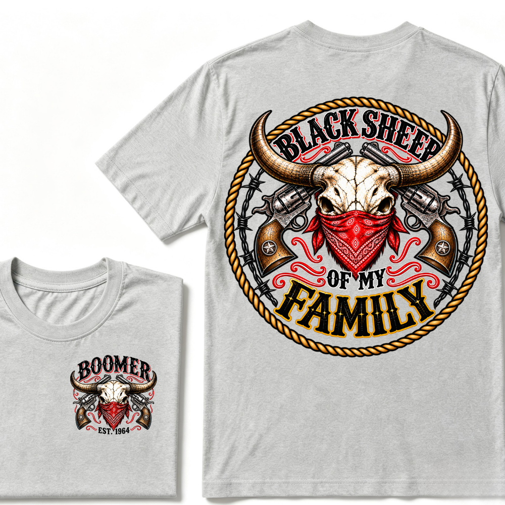 Boomer Est. Year “Black Sheep of My Family” Western Bull Skull Graphic T-Shirt