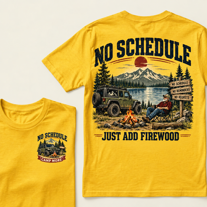 Men’s Crew Neck T‑Shirt, No Schedule Just Add Firewood Jeep Camping Graphic Tee, Front & Back Print Outdoor Adventure Casual Short Sleeve Top