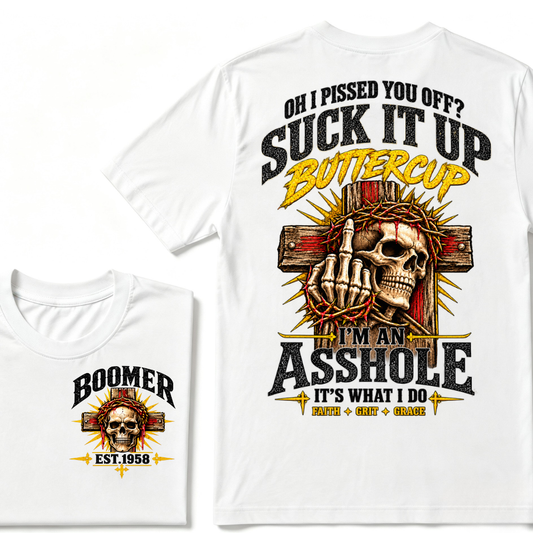 Boomer EST. Year “Faith Grit Grace” Skull Cross Graphic T-Shirt