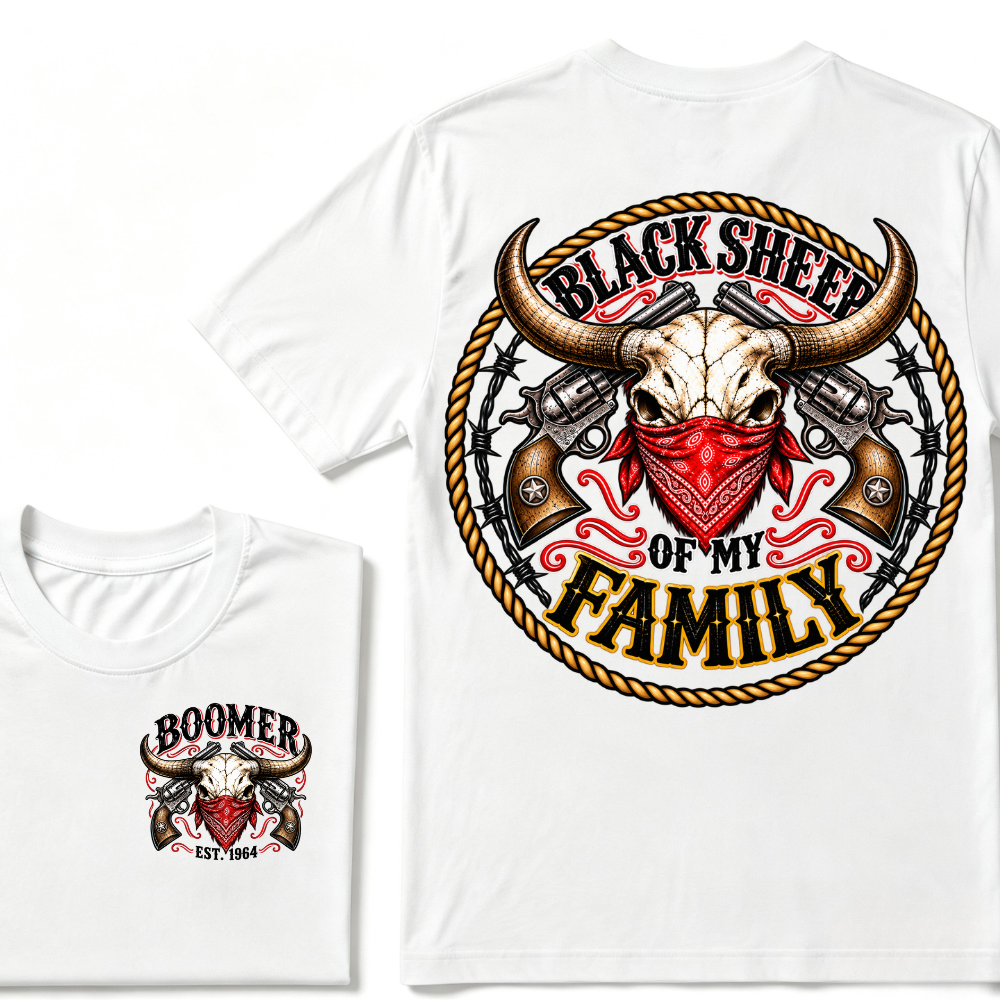 Boomer Est. Year “Black Sheep of My Family” Western Bull Skull Graphic T-Shirt