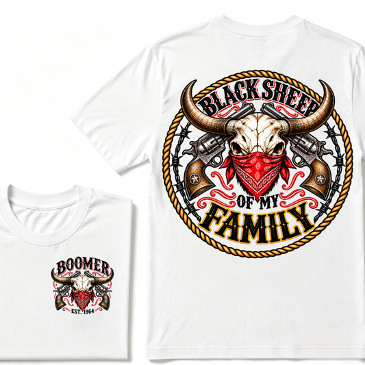 Boomer Est. Year “Black Sheep of My Family” Western Bull Skull Graphic T-Shirt