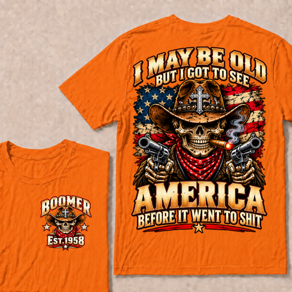 Boomer Est.Year I May Be Old But I Got To See America Cowboy Skull Cross Gun American Flag T-Shirt