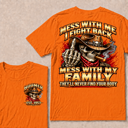 Boomer Est.Year Patriotic Cowboy Skull Blue Tee Mess With Me I Fight Back Mess With My Family