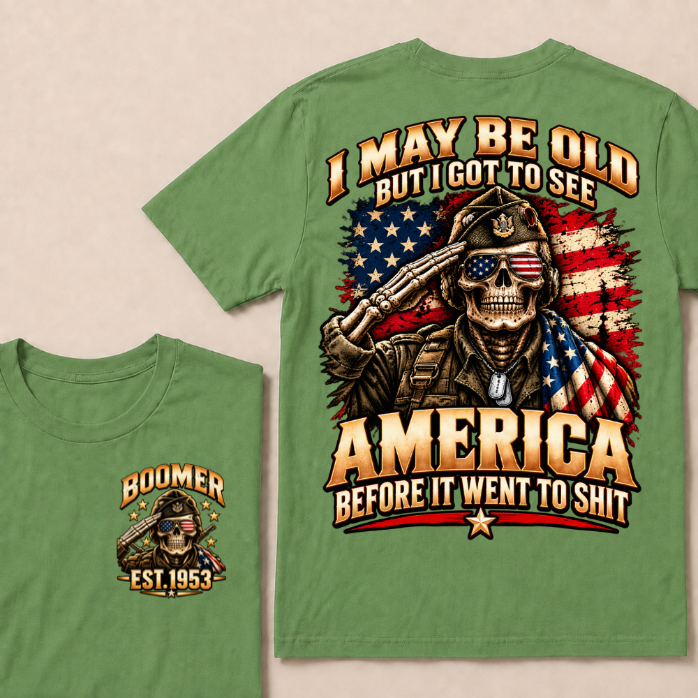 Boomer Est.Year I May Be Old But I Got To See America Saluting Veteran Skull American Flag T-Shirt