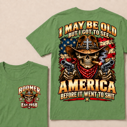 Boomer Est.Year I May Be Old But I Got To See America Cowboy Skull Cross Gun American Flag T-Shirt