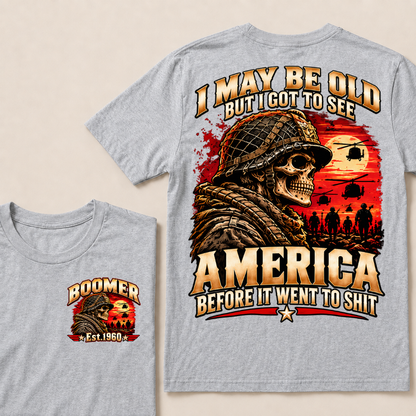 Boomer Est.Year I May Be Old But I Got To See America Veteran Soldier Skull Helicopter T-Shirt