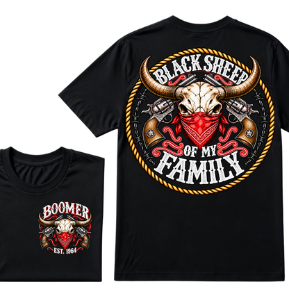 Boomer Est. Year “Black Sheep of My Family” Western Bull Skull Graphic T-Shirt