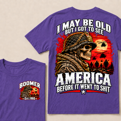 Boomer Est.Year I May Be Old But I Got To See America Veteran Soldier Skull Helicopter T-Shirt