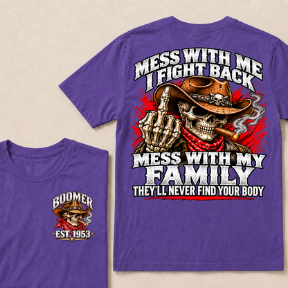 Boomer Est.Year Patriotic Cowboy Skull Blue Tee Mess With Me I Fight Back Mess With My Family