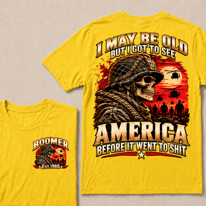 Boomer Est.Year I May Be Old But I Got To See America Veteran Soldier Skull Helicopter T-Shirt