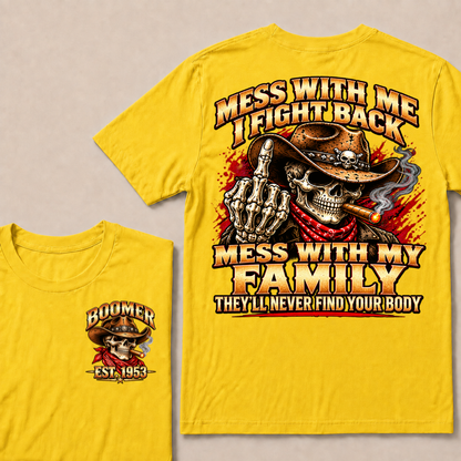 Boomer Est.Year Patriotic Cowboy Skull Blue Tee Mess With Me I Fight Back Mess With My Family