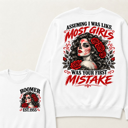 Boomer Est. Year Sugar Skull Rose Sweatshirt | Assuming I Was Like Most Girls Was Your First Mistake