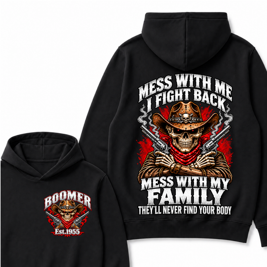 Boomer Est.Year Mess With Me I Fight Back Mess With My Family Double Gun Red Eyes Cowboy Skull Hoodie