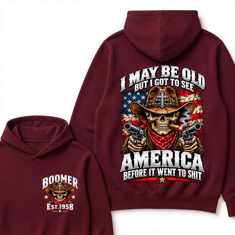 Boomer Est.Year I May Be Old But I Got To See America Cross Gun Cowboy Skull American Flag Hoodie