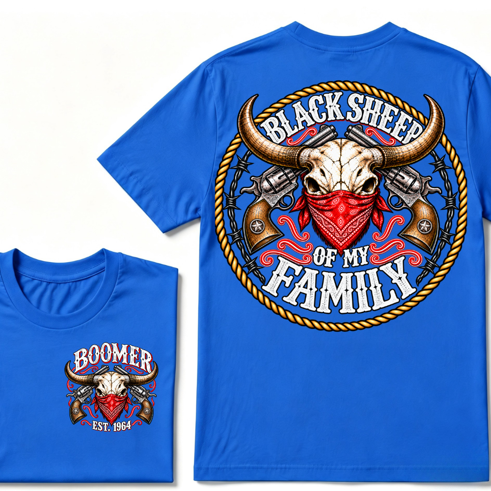 Boomer Est. Year “Black Sheep of My Family” Western Bull Skull Graphic T-Shirt
