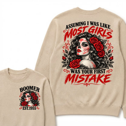 Boomer Est. Year Sugar Skull Rose Sweatshirt | Assuming I Was Like Most Girls Was Your First Mistake