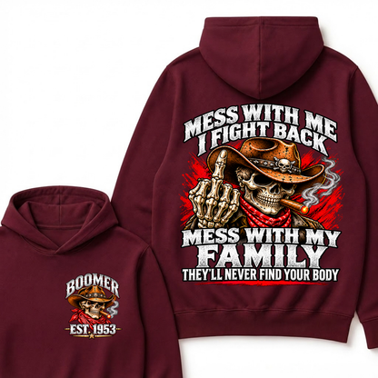 Boomer Est.Year Mess With Me I Fight Back Mess With My Family Cigar Cowboy Skull Hoodie