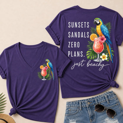 "Sunsets · Sandals · Zero Plans" – Just Beachy V-Neck Tee