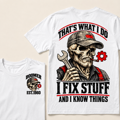 That's What I Do I Fix Stuff And I Know Things Boomer Est. Year Tee