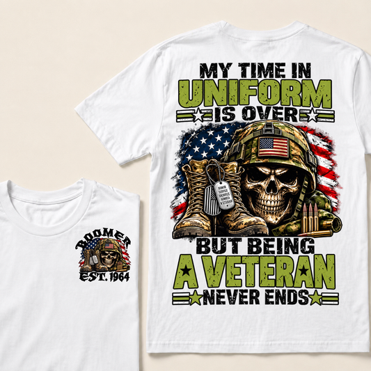 Custom Your Year My Time In Uniform Is Over But Being A Veteran Never EndsT-shirt