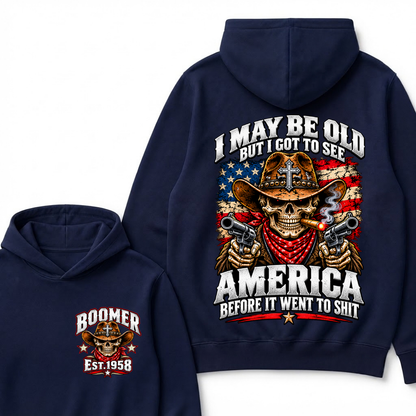 Boomer Est.Year I May Be Old But I Got To See America Cross Gun Cowboy Skull American Flag Hoodie