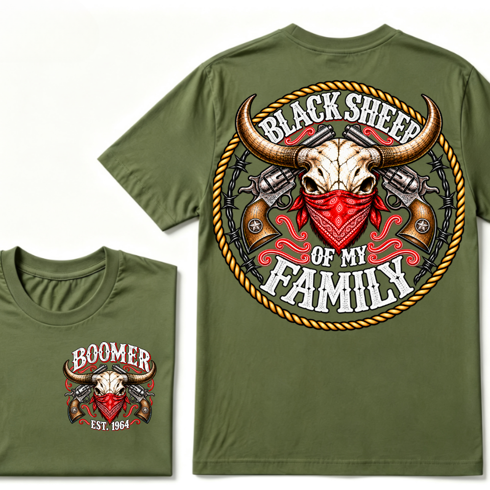 Boomer Est. Year “Black Sheep of My Family” Western Bull Skull Graphic T-Shirt