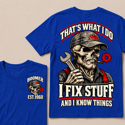 That's What I Do I Fix Stuff And I Know Things Boomer Est. Year Tee
