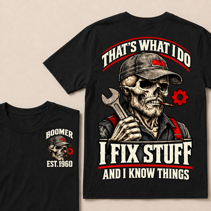 That's What I Do I Fix Stuff And I Know Things Boomer Est. Year Tee