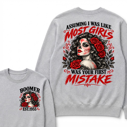 Boomer Est. Year Sugar Skull Rose Sweatshirt | Assuming I Was Like Most Girls Was Your First Mistake