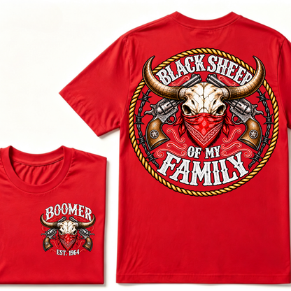 Boomer Est. Year “Black Sheep of My Family” Western Bull Skull Graphic T-Shirt